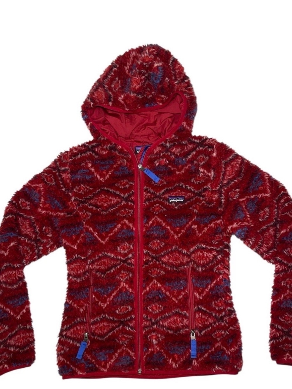 Patagonia Red Fuzzy Hooded Zip Jacket with Blue Accent
